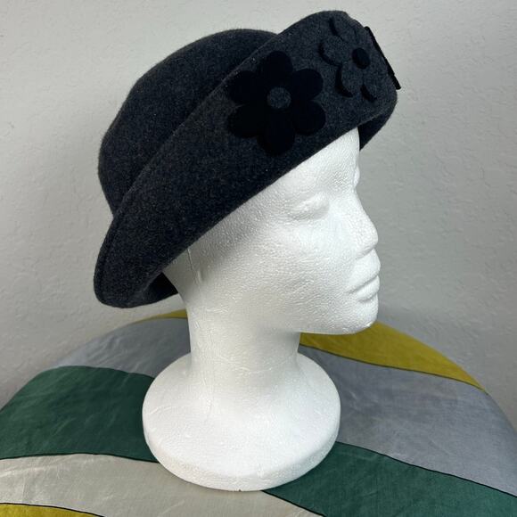 Dame- Vintage Wool Bowler Hat- Flower Cutout applique front- black gray- OSFM - Picture 8 of 8
